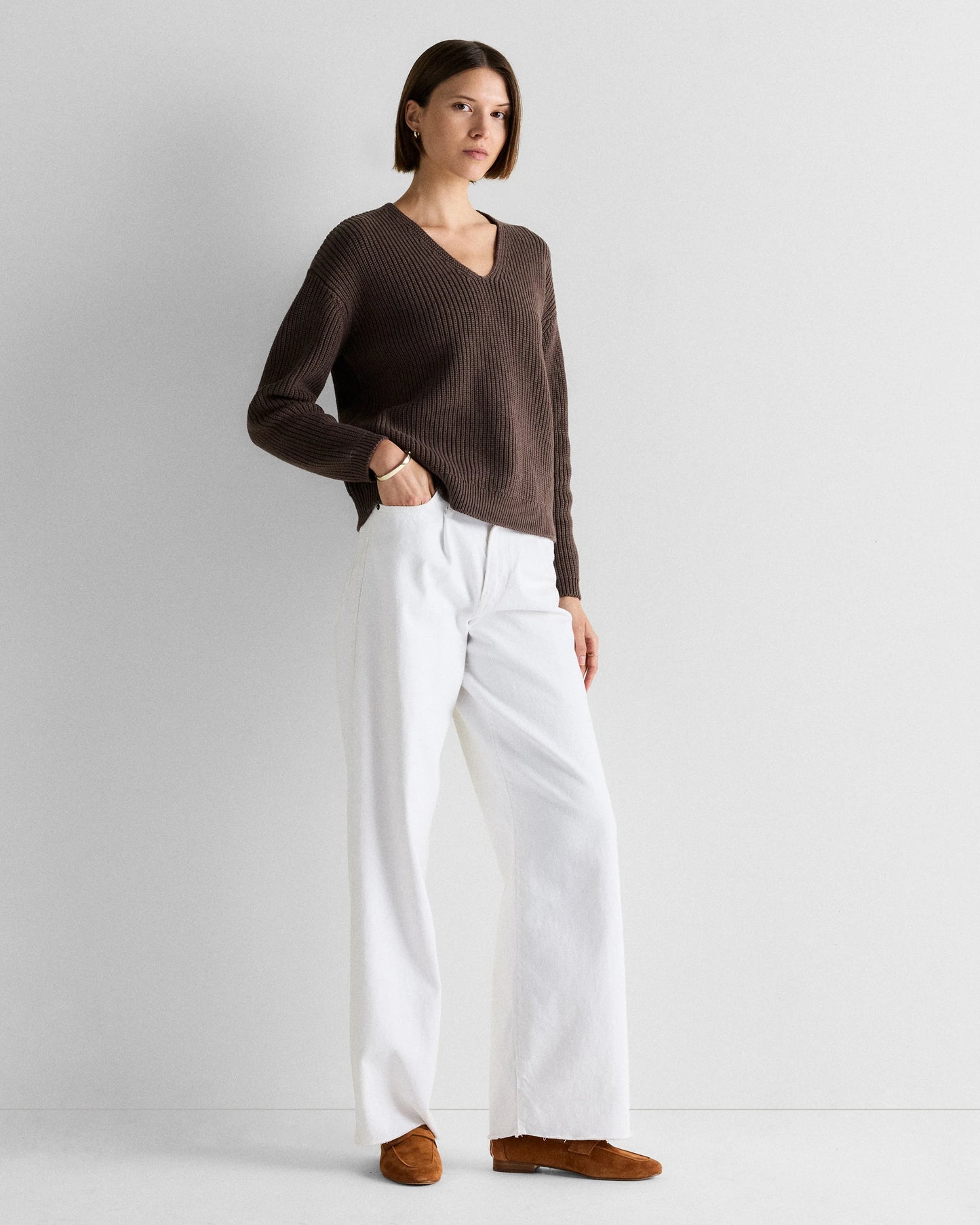 100% Organic Cotton Fisherman V-Neck Sweater - XS / Heather Brown