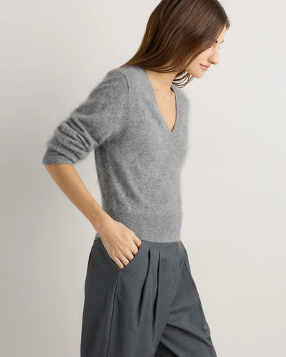 Brushed Cashmere Shrunken V-Neck Sweater - XS / Heather Grey