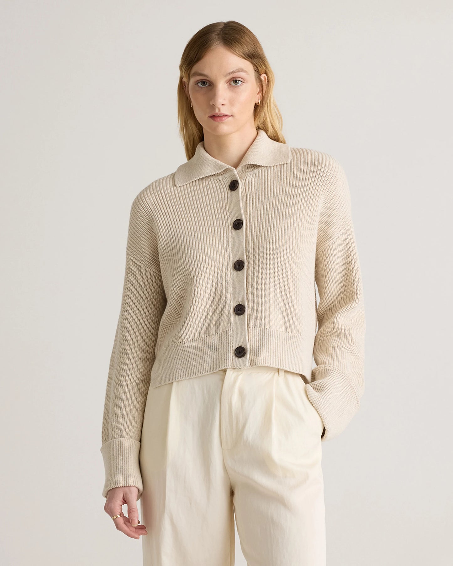 100% Organic Cotton Fisherman Collared Cardigan - XS / Heather Dove Grey