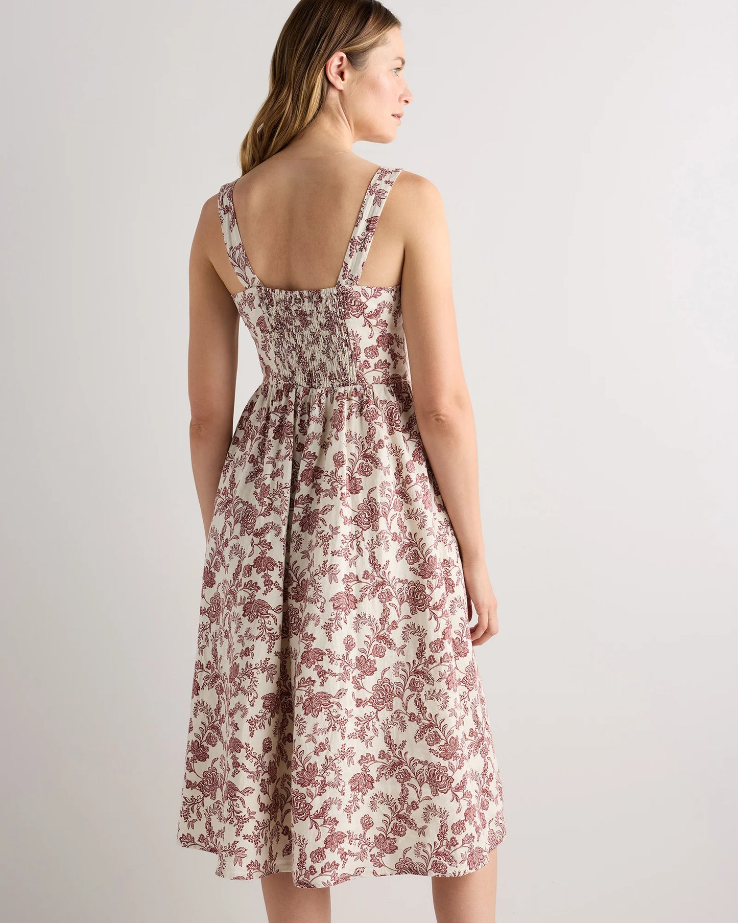 100% European Linen Fit & Flare Midi Dress - XS / Brick Red Heirloom Floral