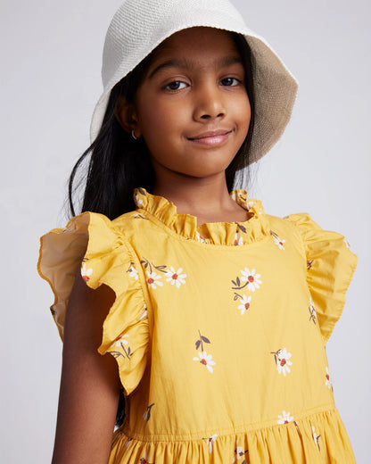 100% Cotton Poplin Ruffle Sleeve Dress - 6 / Golden Daisy