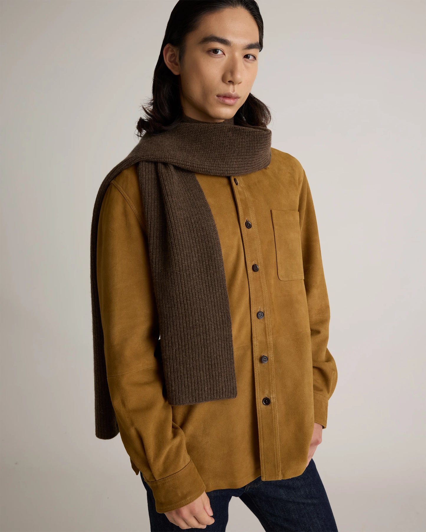 Mongolian Cashmere Ribbed Scarf - One Size / Brown