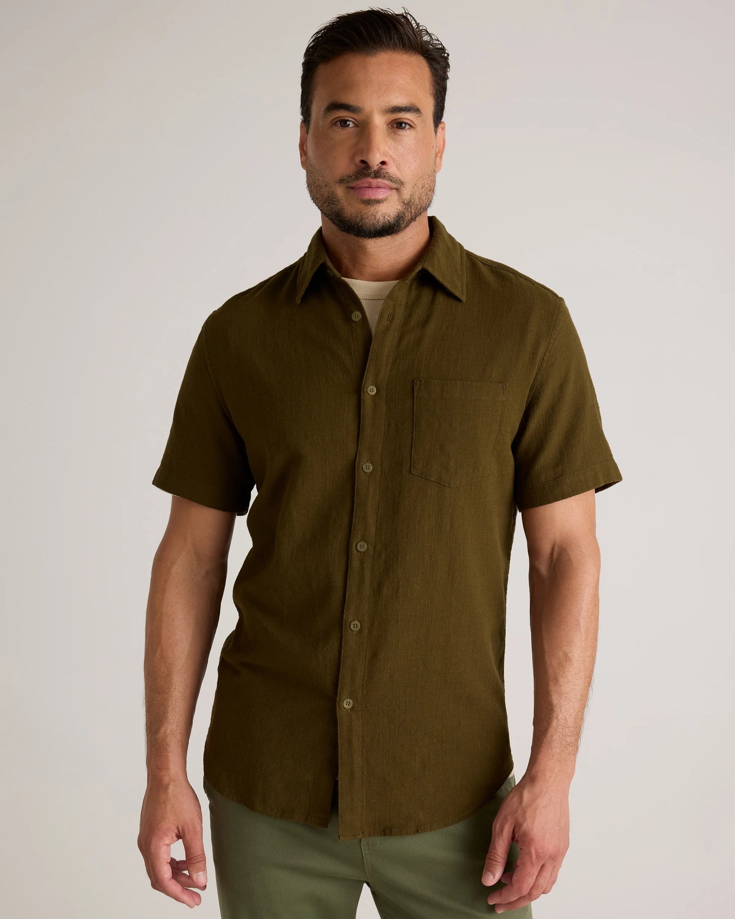 Organic Cotton Stretch Selvage Short Sleeve Shirt - S / Olive