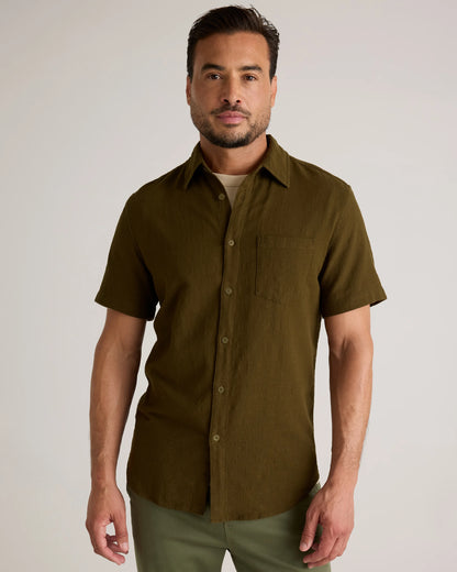 Organic Cotton Stretch Selvage Short Sleeve Shirt - S / Olive