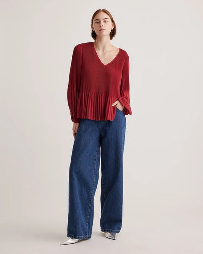 Chiffon Pleated V-Neck Blouse - XS / Bright Burgundy