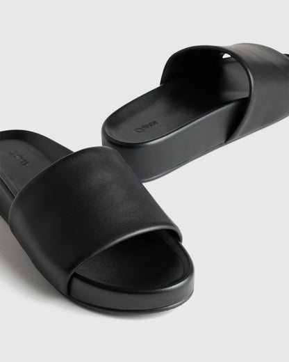 Italian Leather Platform Slide Sandal - 5 / Black