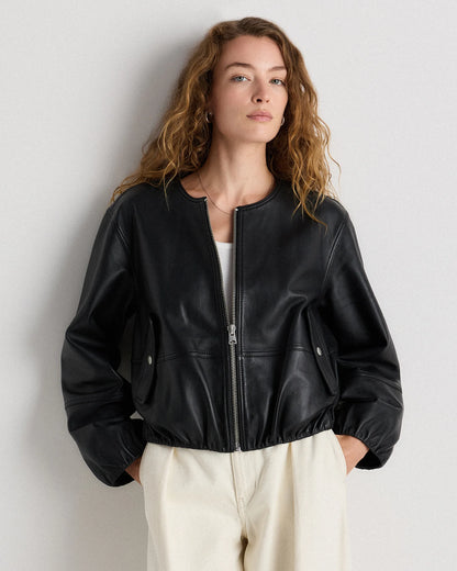 100% Leather Collarless Cropped Bubble Hem Jacket - XS / True Black