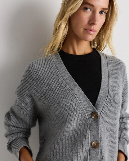 Mongolian Cashmere Fisherman Boxy Cropped Cardigan Sweater - XS / Faded Denim