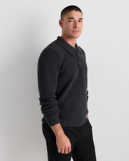 100% Organic Cotton Ribbed Polo Sweater - XS / Mid Heather Grey