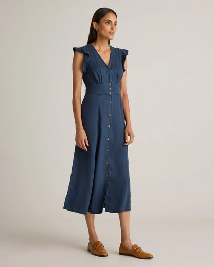 Vintage Wash Tencel Button Front Midi Dress - XS / Olive