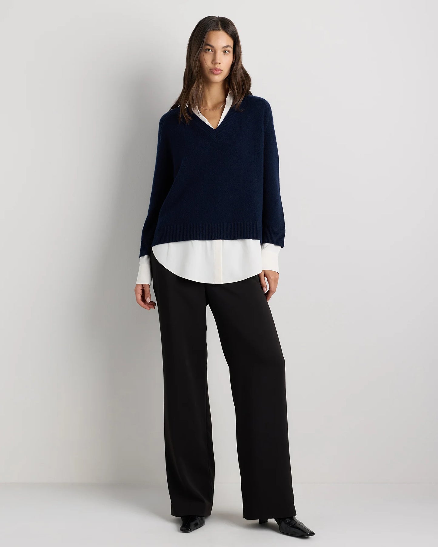 100% Mongolian Cashmere Layered V-Neck Sweater - XS / Ivory