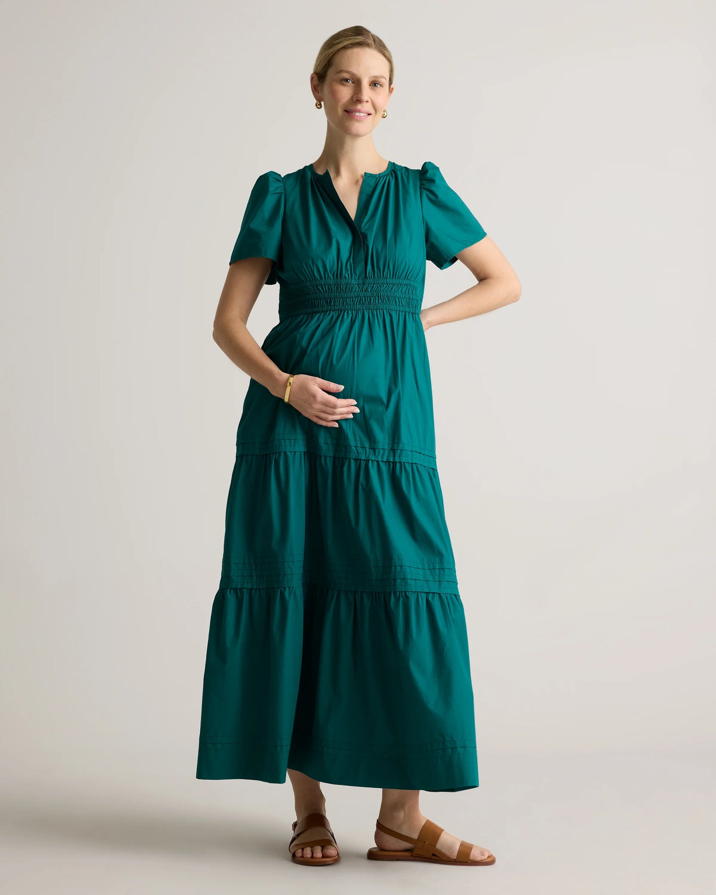 100% Organic Cotton Poplin Maternity Tiered Maxi Dress - XS / Riviera Blue Heirloom Floral