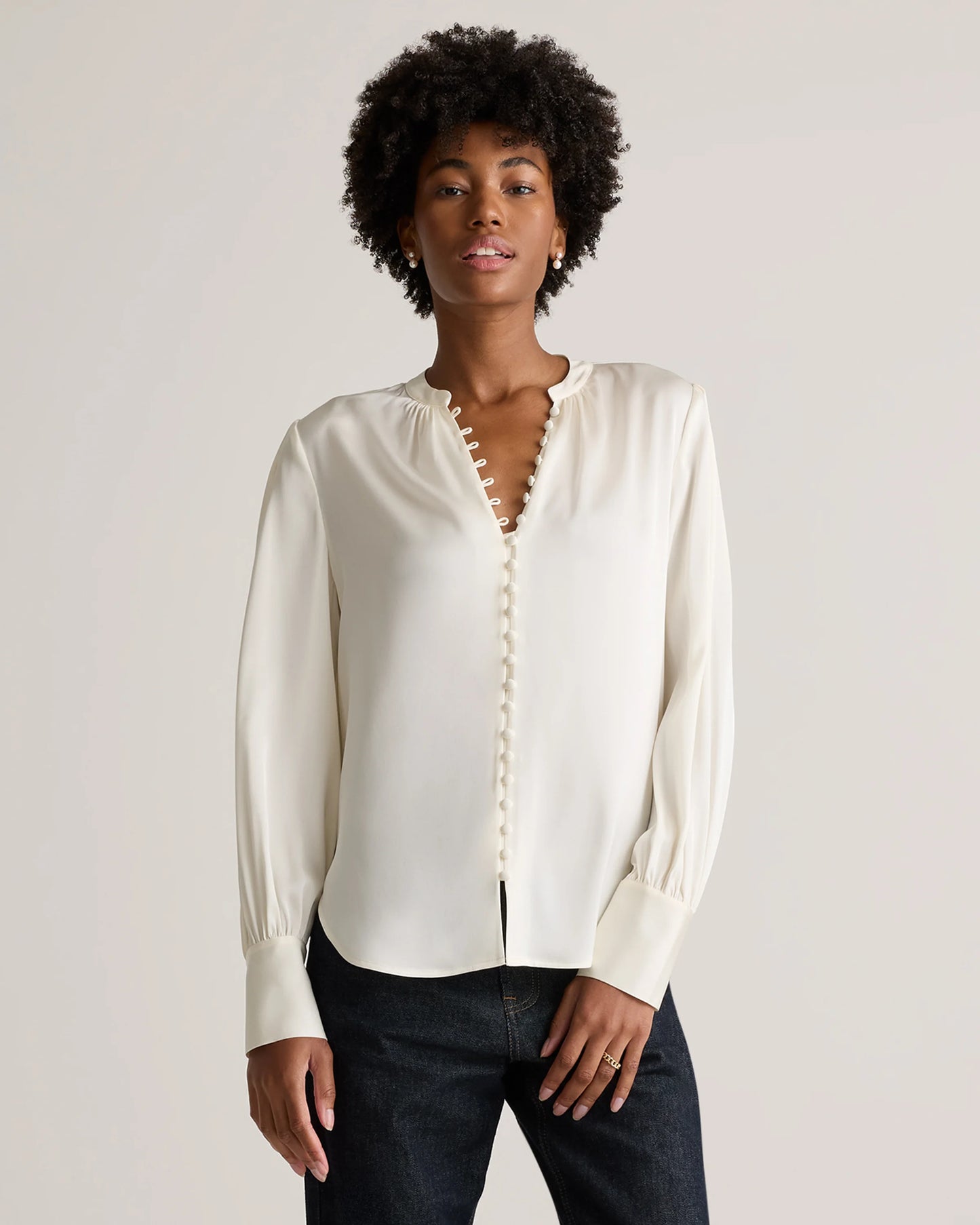 Washable Stretch Silk Peasant Blouse - XS / Ivory