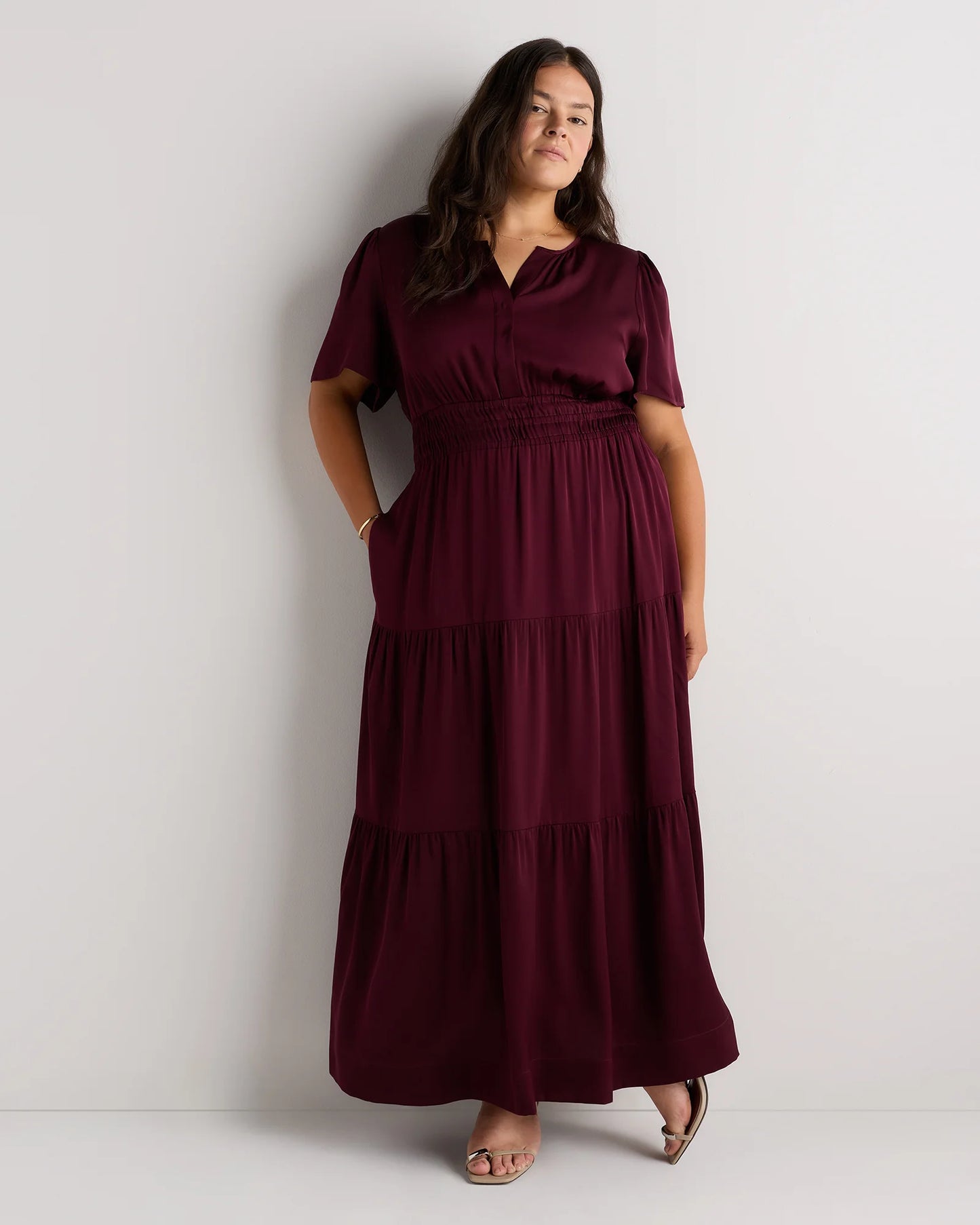 Washable Stretch Silk Tiered Maxi Dress - 1X / Navy