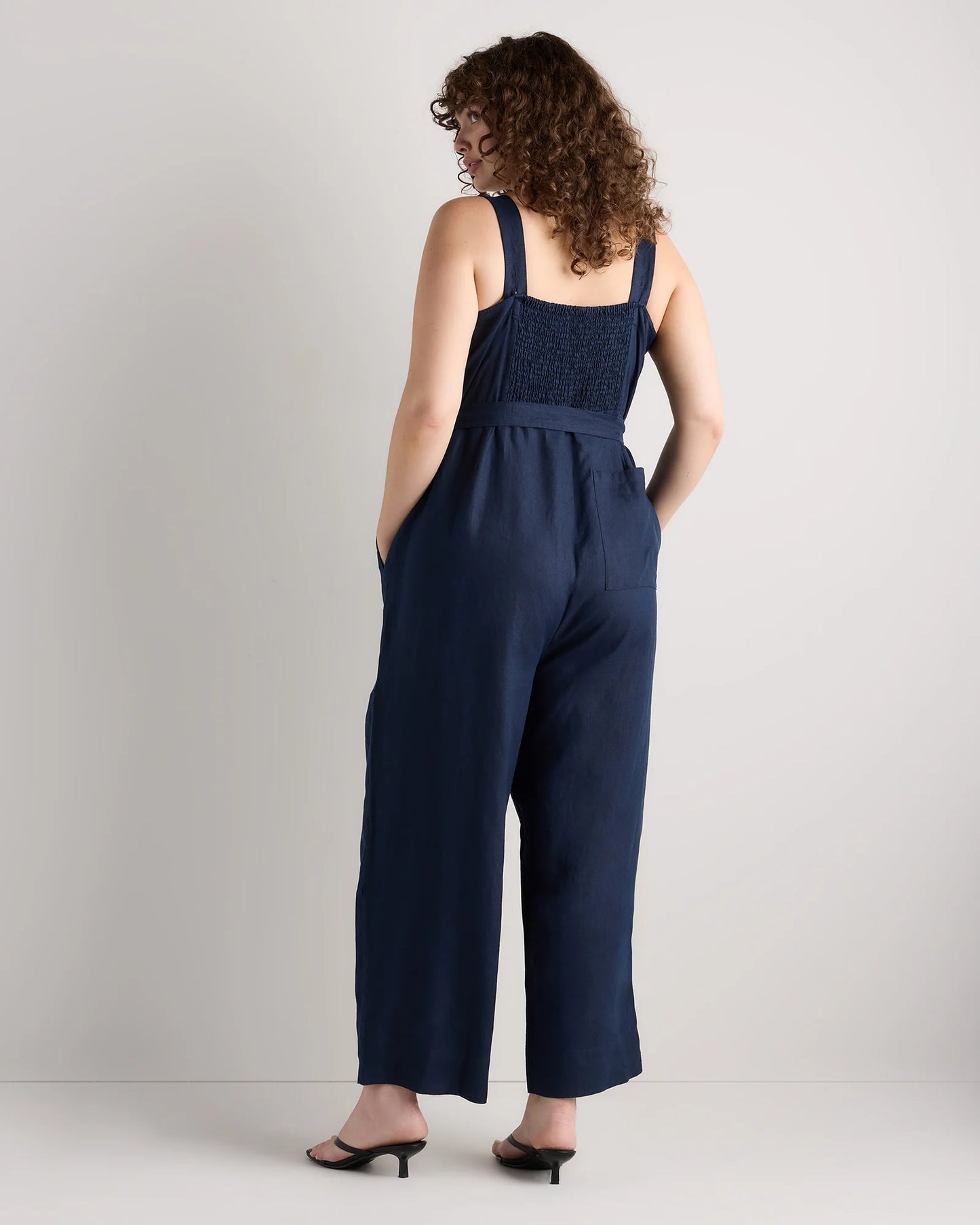100% European Linen Square Neck Jumpsuit - 1X / Deep Navy