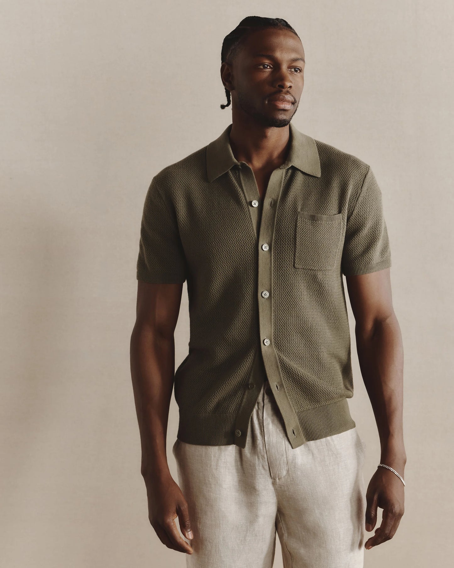 100% Organic Cotton Mesh-Stitch Button-Up Sweater Polo - XS / Speckled Beige