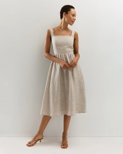 100% European Linen Fit & Flare Midi Dress - XS / Ivory Porcelain Blue Petite Floral