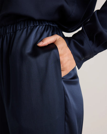 100% Washable Silk Drawstring Wide Leg Pants - XS / Champagne