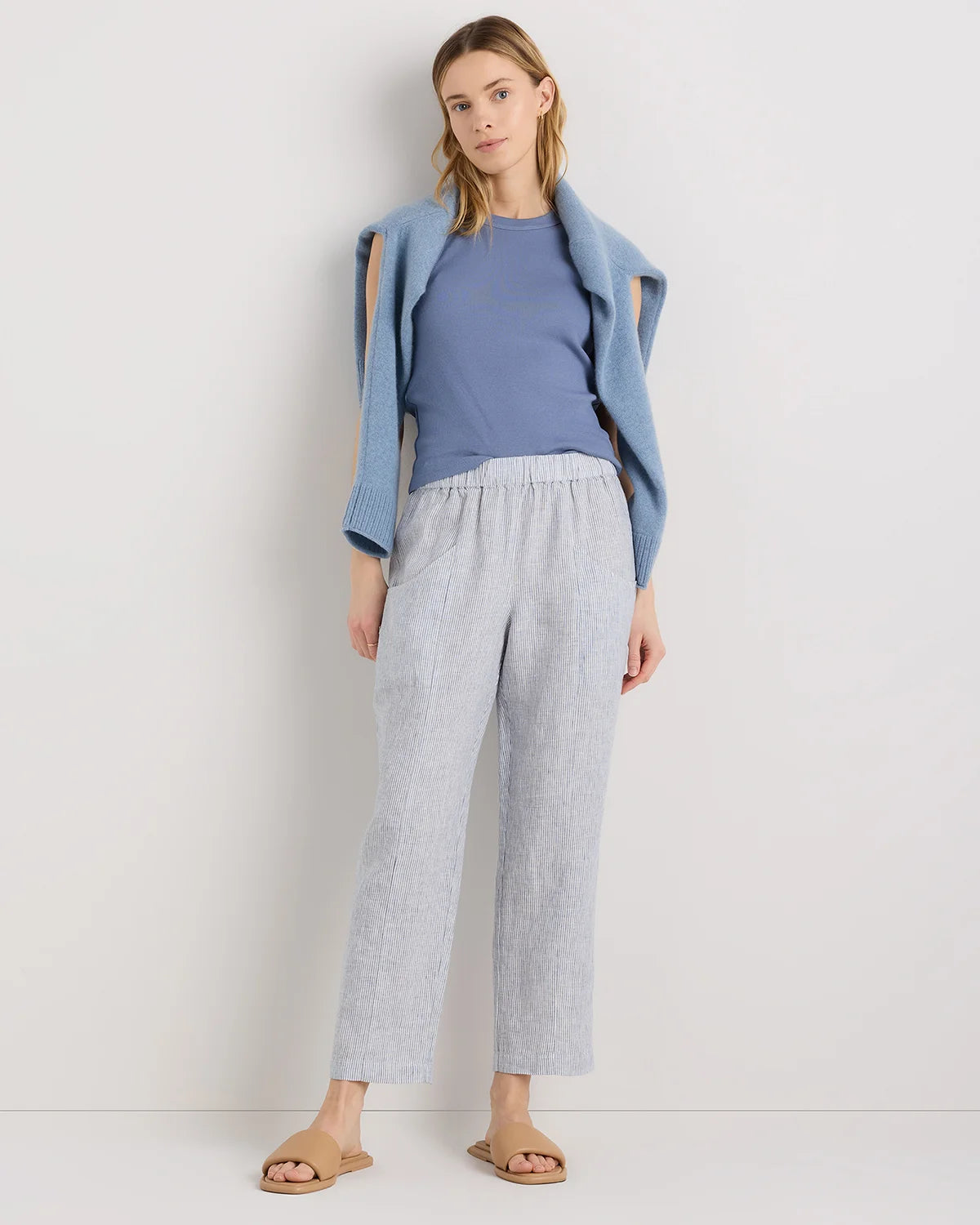 100% European Linen Tapered Ankle Pants - XS / Blue Pinstripe