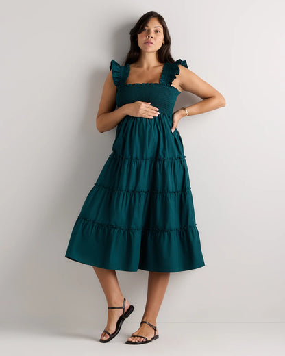 100% Organic Cotton Poplin Maternity Smocked Midi Dress - XS / Classic White