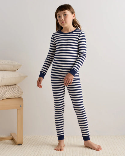 100% Organic Cotton Long Sleeve and Pant Pajama Set - 6 / Navy Stripe