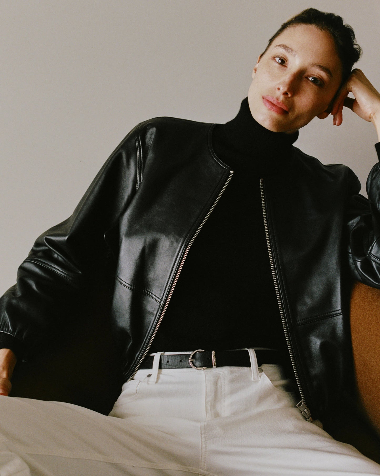 100% Leather Collarless Cropped Bubble Hem Jacket - XS / True Black