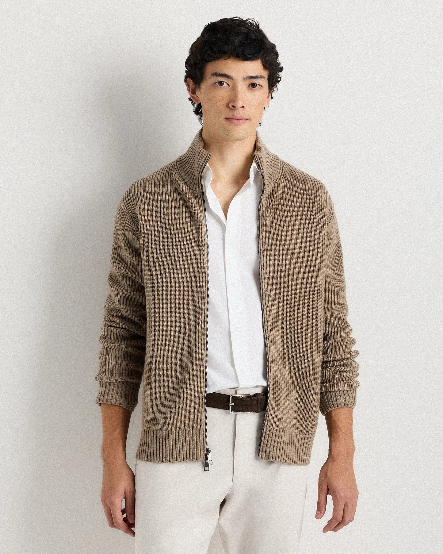 Australian Merino Wool Full Zip Sweater - S / Heather Bone