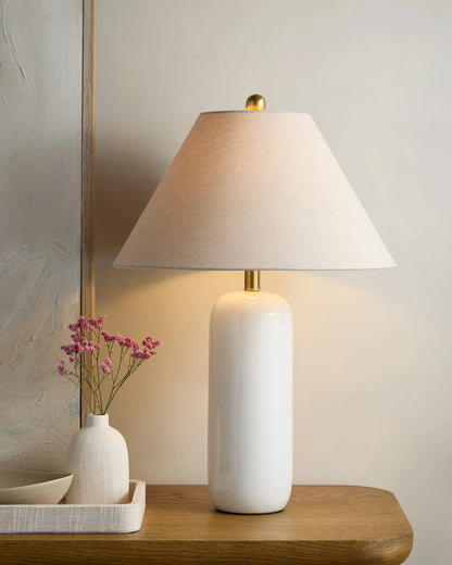 Glossy Cylindrical Ceramic Table Lamp - One Size / White