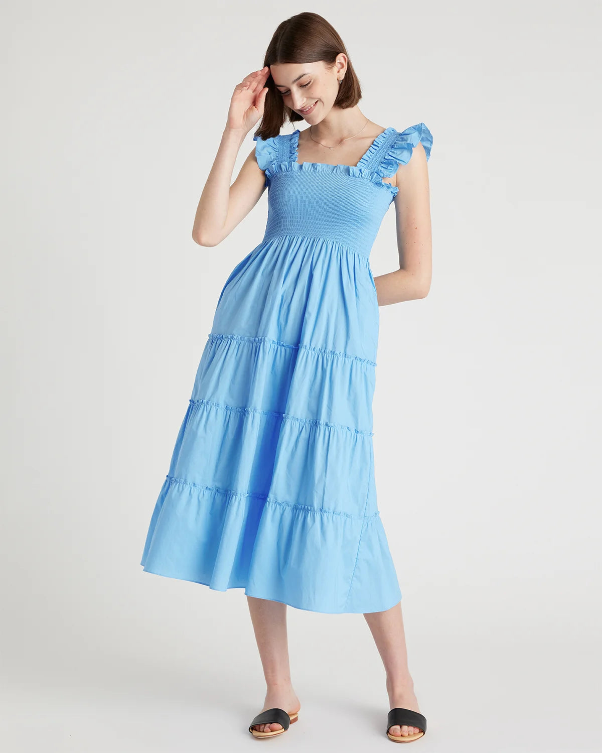100% Organic Cotton Poplin Smocked Midi Dress - XS / Riviera Blue Heirloom Floral