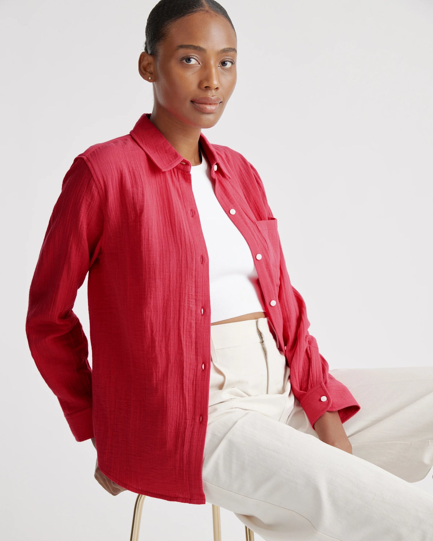 100% Organic Cotton Gauze Long Sleeve Shirt - XS / Khaki Gingham