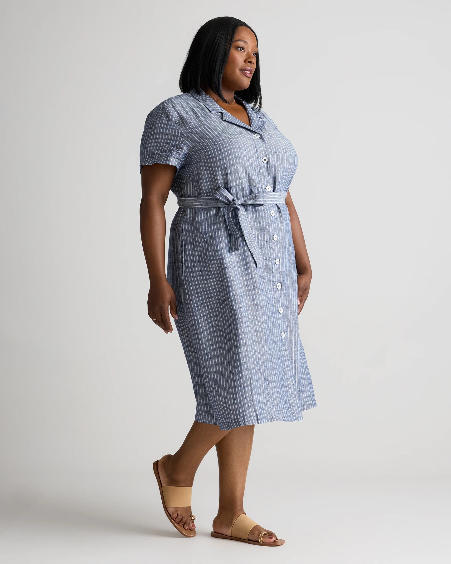 100% European Linen Button Front Dress - 1X / Blue Pinstripe