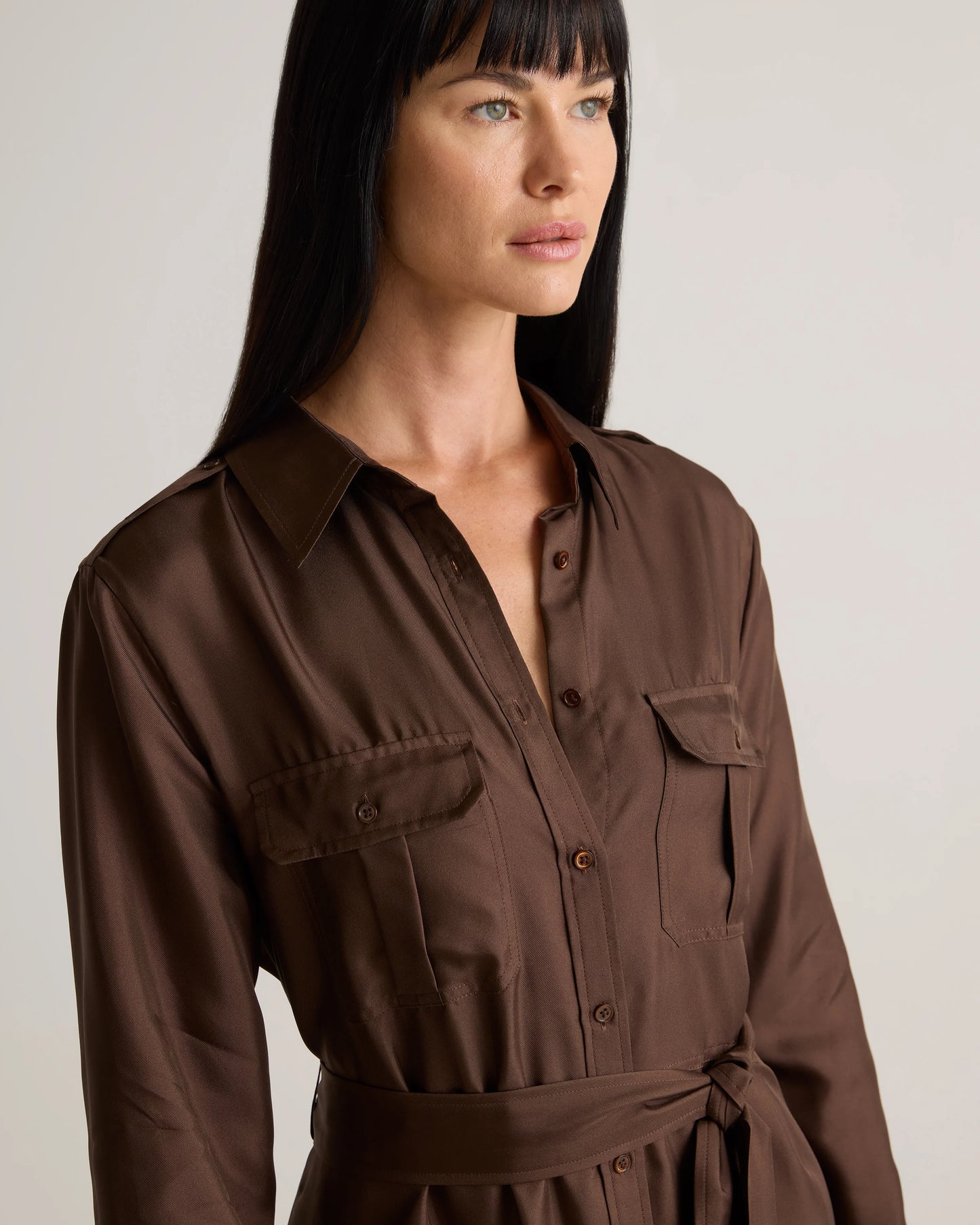 100% Silk Twill Utility Shirt Dress - XS / Hot Fudge
