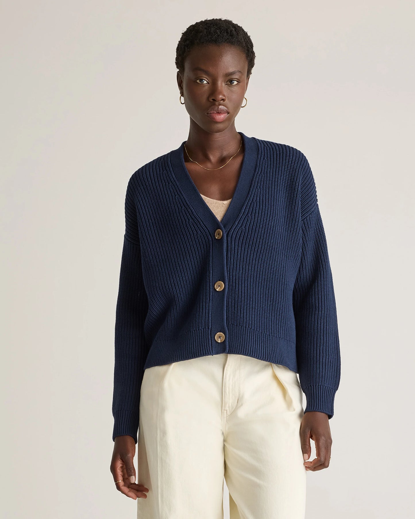 100% Organic Cotton Fisherman Boxy Cropped Cardigan - XS / Sapphire Blue