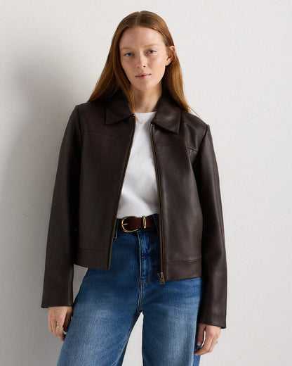 100% Leather Cropped Zip-Front Jacket - XS / True Black