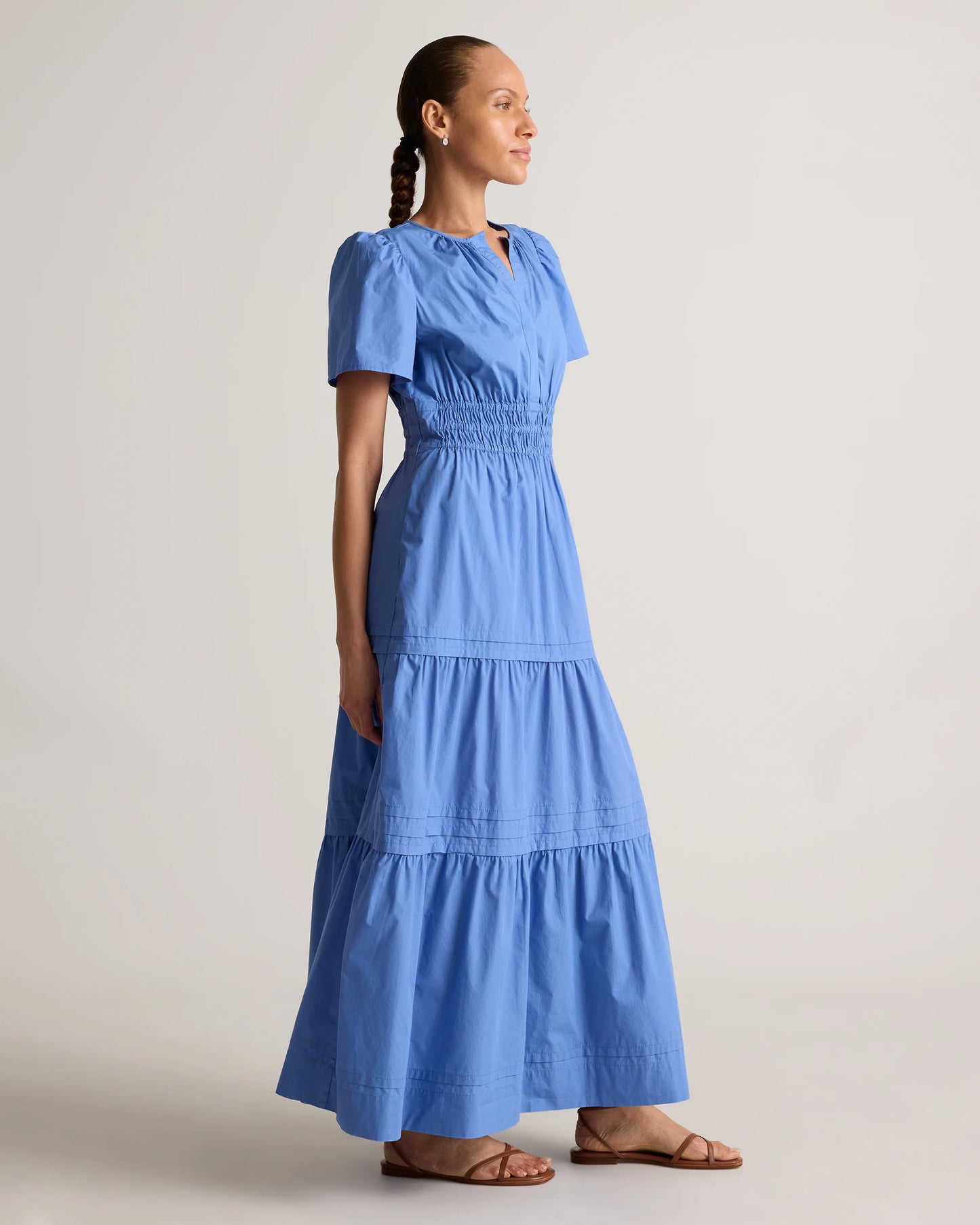 100% Organic Cotton Poplin Tiered Maxi Dress - XS / Riviera Blue Heirloom Floral