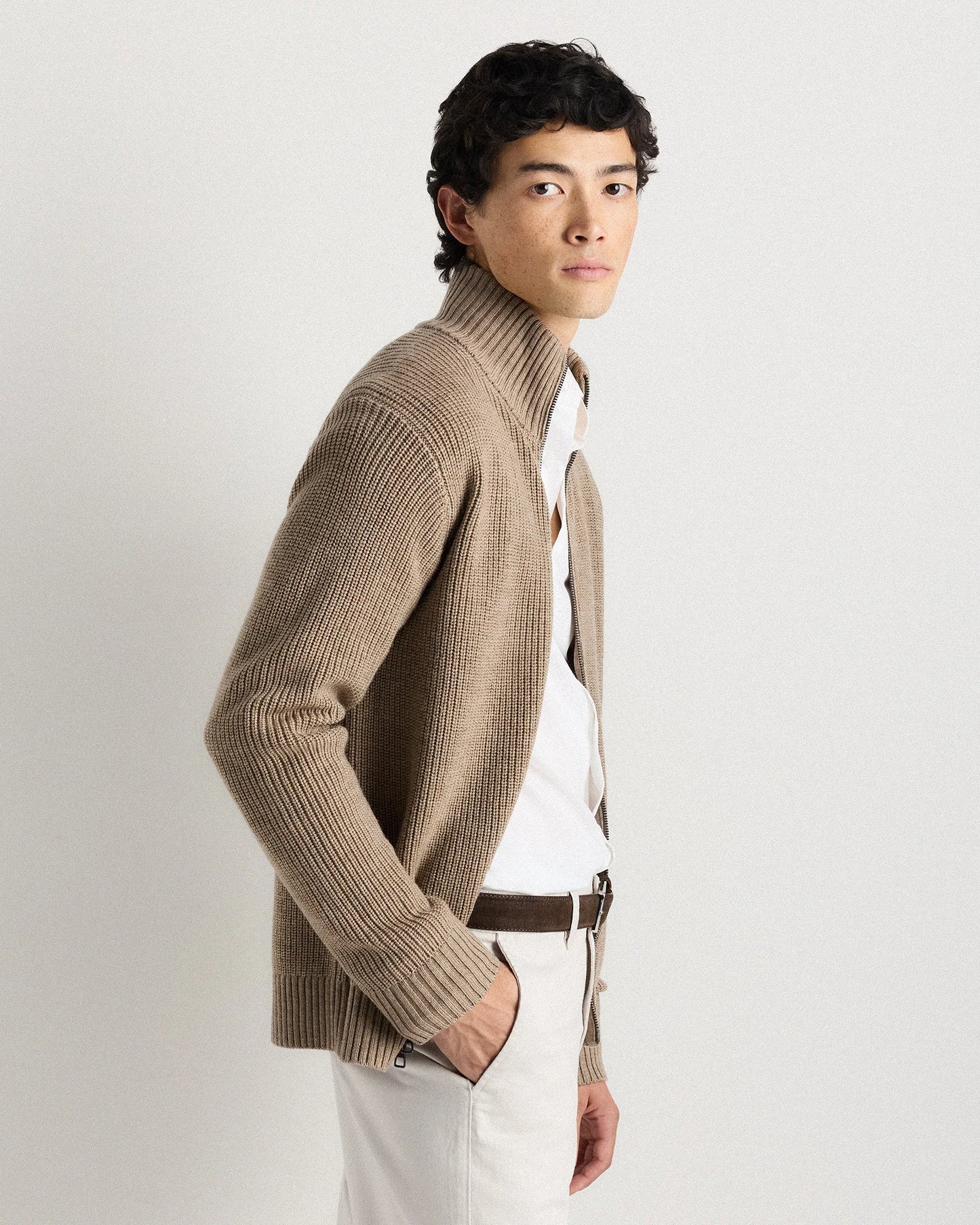 Australian Merino Wool Full Zip Sweater - S / Heather Bone