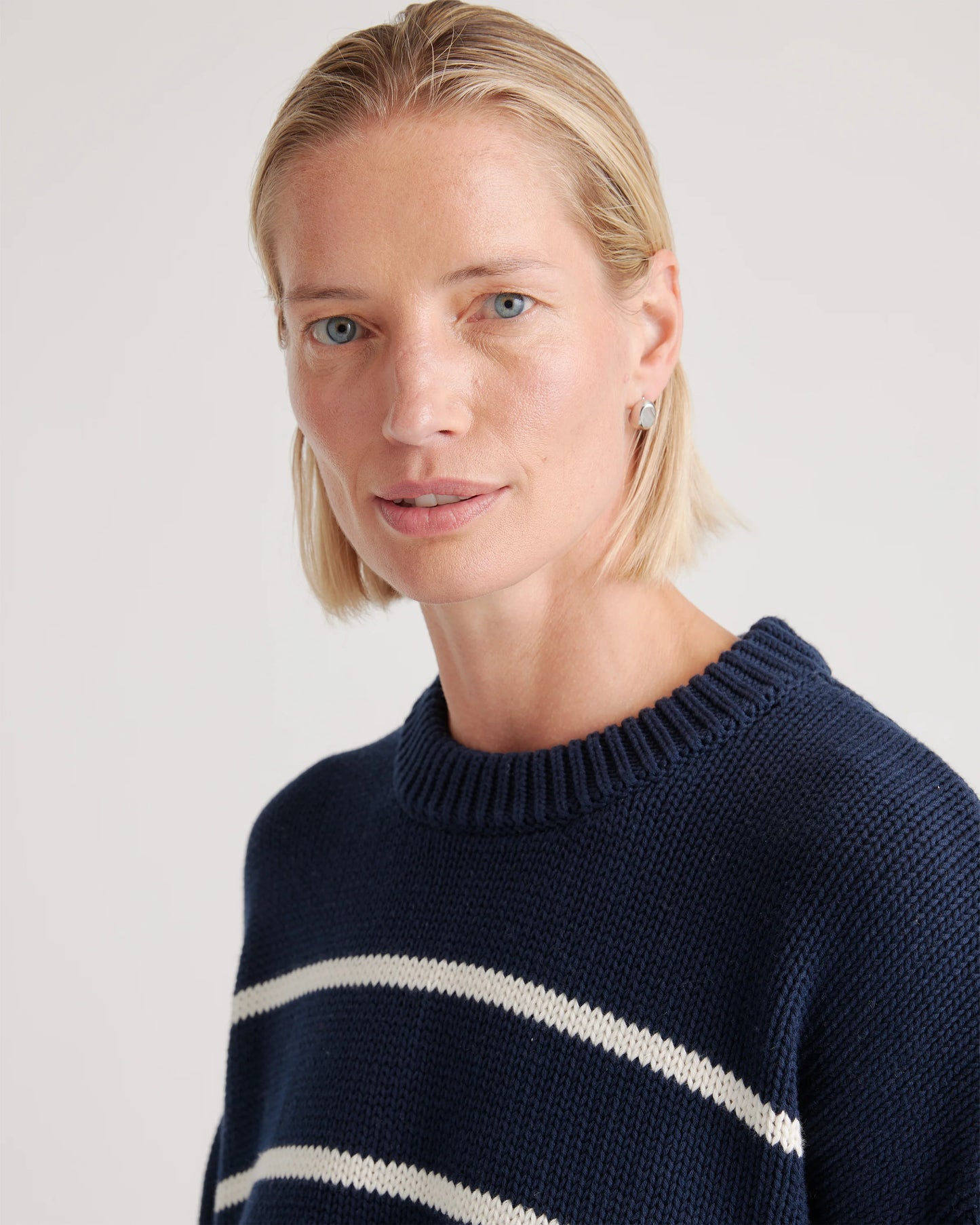 100% Organic Cotton Striped Crew Sweater - XS / Heather Brown/Ivory