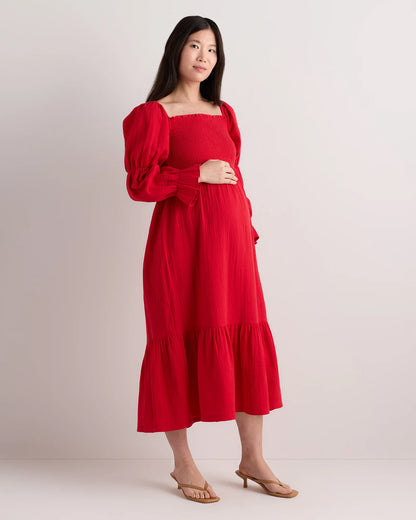 100% Organic Cotton Gauze Maternity Smocked Midi Dress - XS / Wild Cherry