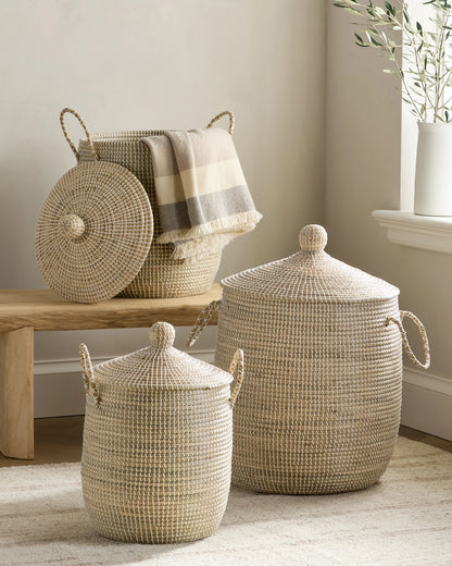 Handwoven Seagrass Lidded Storage Baskets (Set of 3) - Set of 3 (S/M/L) / White Wash