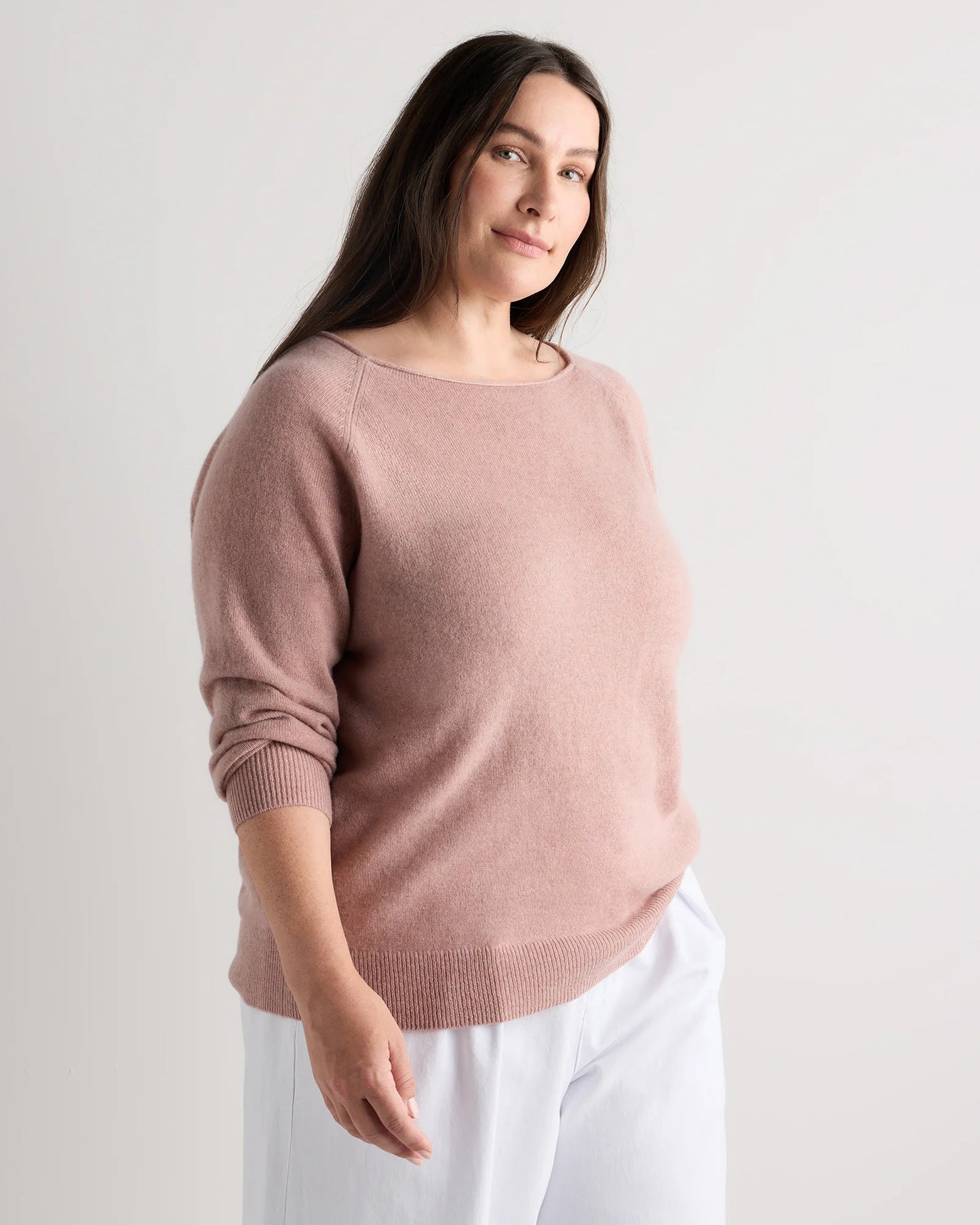 Mongolian Cashmere Boatneck Sweater - 1X / Heather Vintage Pink