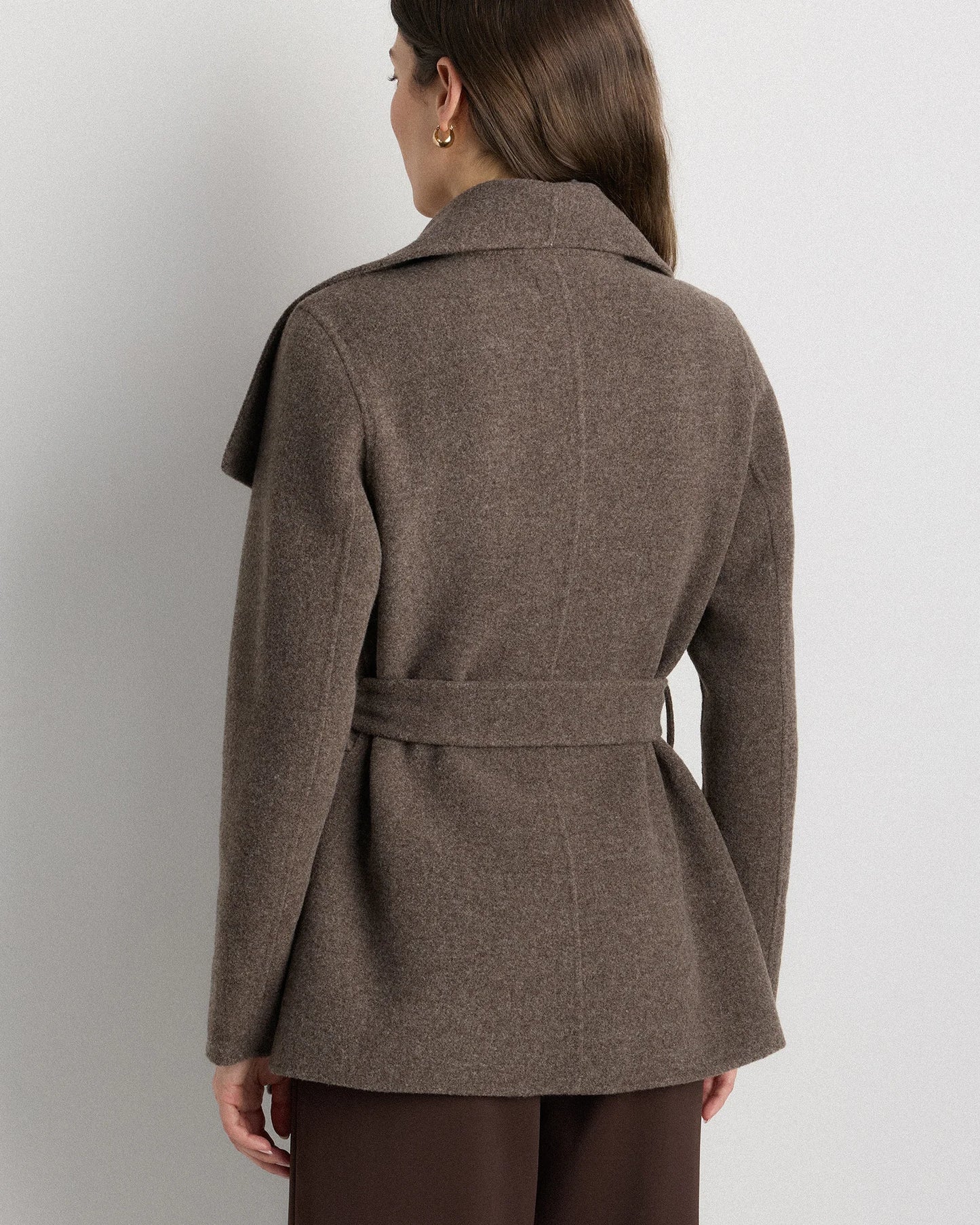 Double-Faced Merino Wool Draped Collar Short Wrap Coat - XS / Cocoa Melange