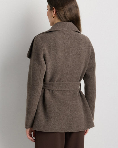 Double-Faced Merino Wool Draped Collar Short Wrap Coat - XS / Cocoa Melange