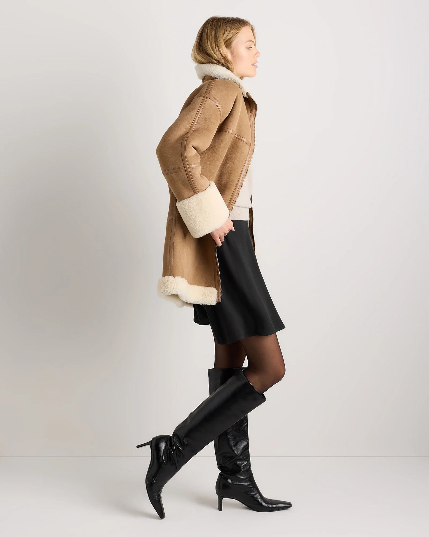 100% Shearling Long Coat - XS / Fawn/Off-White