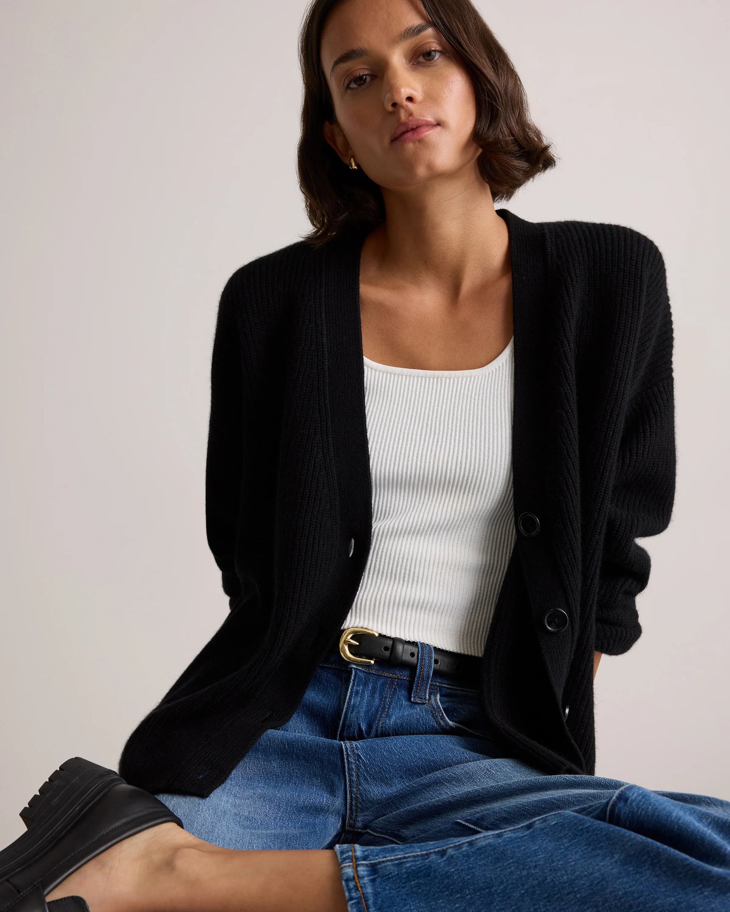 Mongolian Cashmere Fisherman Boxy Cropped Cardigan Sweater - XS / Faded Denim