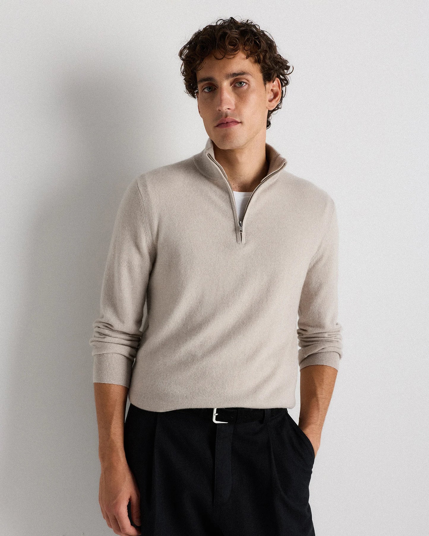 Mongolian Cashmere Quarter Zip Sweater - S / Olive Twist