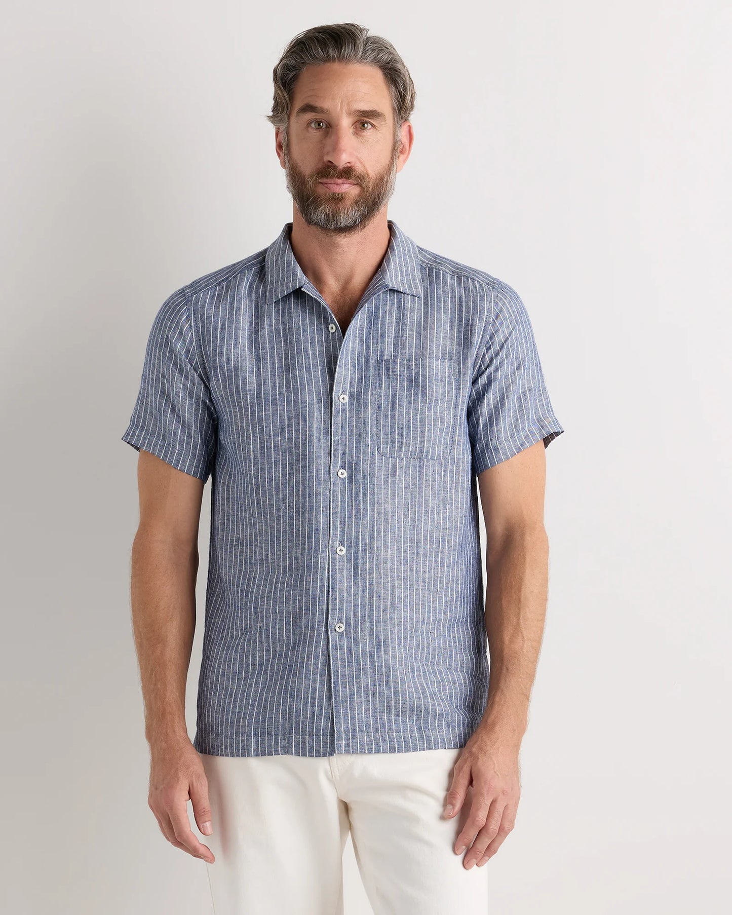 100% European Linen Camp Shirt - XS / Sky Blue Mariner Stripe
