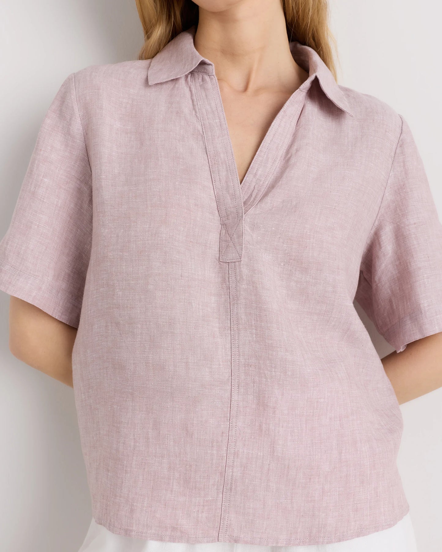 100% European Linen Short Sleeve Popover Top - XS / Blue Pinstripe