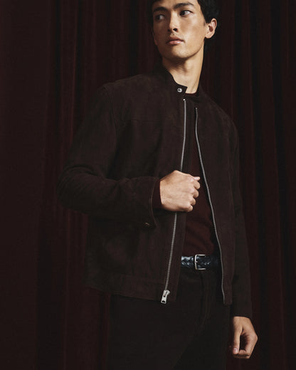 100% Suede Café Racer Jacket - S / Pecan Brown