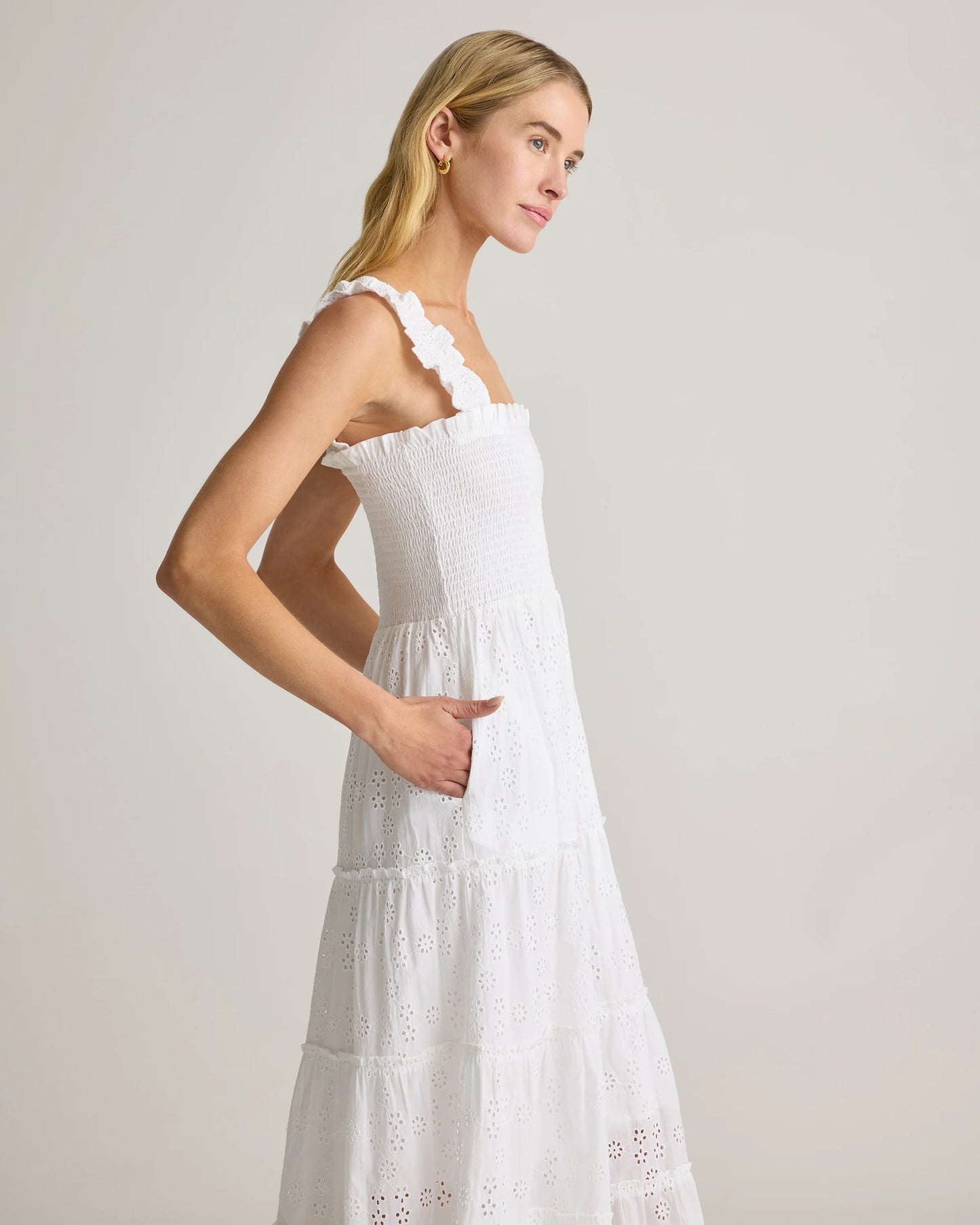100% Organic Cotton Eyelet Smocked Midi Dress - XS / White