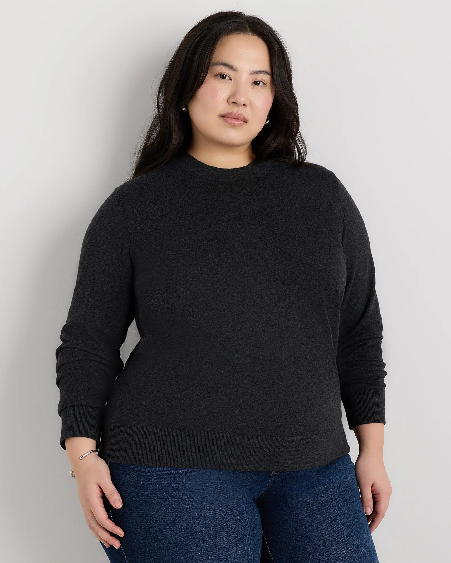 Lightweight Cotton Cashmere Crew Sweater - 1X / Black